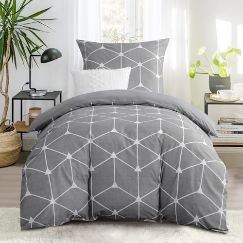 RUIKASI Bettwäsche 155x220 2 teilig Hellgrau - Bettbezug 155 x 220 Set mit Geometrie Muster… – Ansicht 1