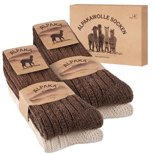 SukModen 4 Paar Alpaka Socken Herren Damen, Warme Wollsocken, Flauschige Thermosocken, Dicke Strick Wintersocken Weiß Curry L