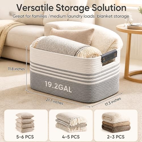Image of Cotton Rope Laundry Basket Large, 19.2GAL Collapsible Woven Storage Baskets for Living Room Kids Toys Stuffed Animal,Boho Rectangular Decorative Short Hamper for Dirty Clothes, Blankets White Grey