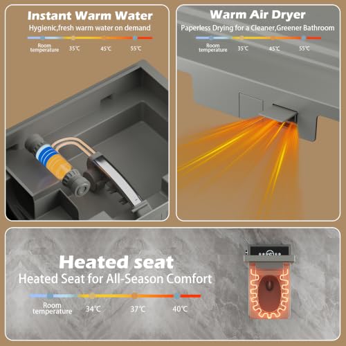 WinZo inodoro inteligente gris con bidé integrado, asiento calefaccionado, sin tanque, autoflush automático, agua tibia instantánea, secador, luz nocturna y pantalla digital para baño, acabado mate gris miniatura 6