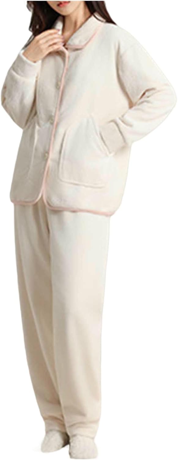 Two Piece Button Up Pajamas for Women Winter Fluffy Warm Pajama Sets Long Sleeve Stand Collar Top and Pants Sleepwear