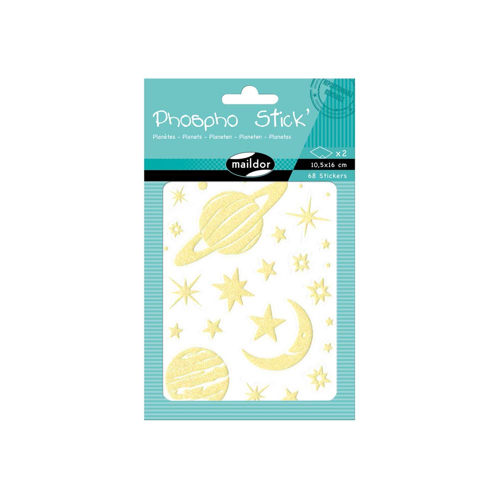 Maildor - Ref AE078O - Phospho Stick' Stickers (Pack of 2 Sheets) - 10.5 x 16cm - Planets & Galactic Designs - 67 Stickers Total, Glow in the Dark Stickers