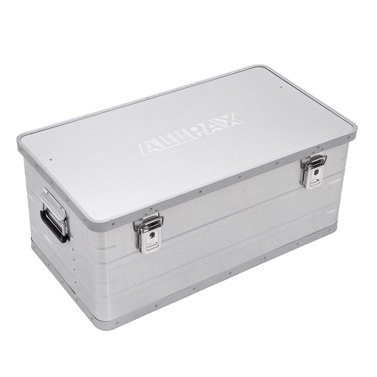 Alu Transportbox 95L – Robuste Aluminiumkiste 77,5×42,4×33,3 cm, IP54 staub- & spritzwassergeschützt, stapelbare Werkzeugbox mit Deckeldichtung & Sicherheitsgriffen für Werkstatt, Camping & Transport