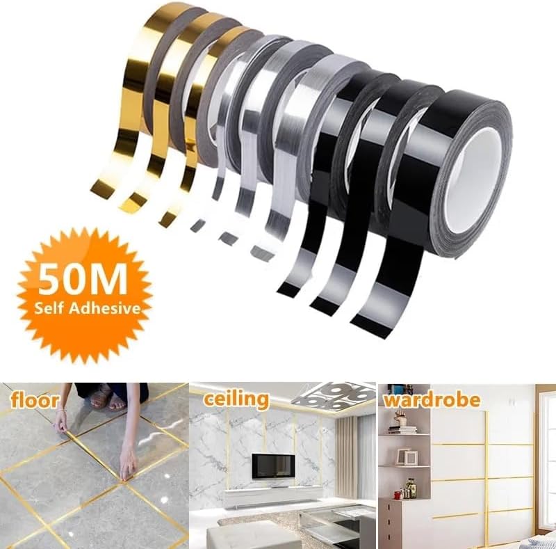 50m Brushed Gold Silver Floor Edging Waterproof Seam Wall Stickers Wall Gap Ceiling Home Decoration Self-Adhesive Tile Tape (Color : Gold, Size : 1cm)