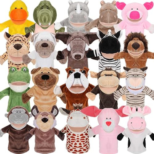 Hiboom 20 Pieces Animal Hand Puppets Kids Hand Puppets with Working Mouth Animal Plush Toy Lion Duck Pig Zoo Hand Animals with Open Movable Mouth for Birthday Theater Props Easter Basket Stuffers