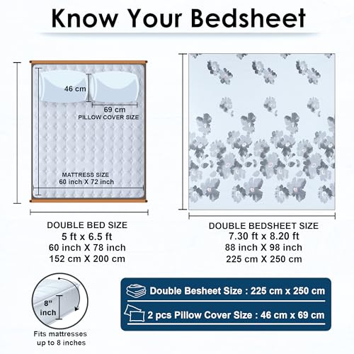 Image of Story@Home Bedsheet for Double Bed Cotton 190 TC with 2 Pillow Covers, White & Grey, Floral, 225 cm X 250 cm | Perfect for Home Decor