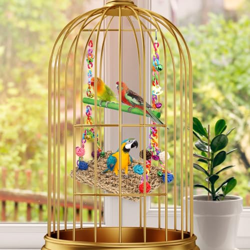 Image of Bird Swing Mat with Wood Perch, AHIER Seagrass Bird Hammock for Conures with Chewing Toy for Parakeets, Budgie, Cockatiel Cage Accessories (Green Pole)