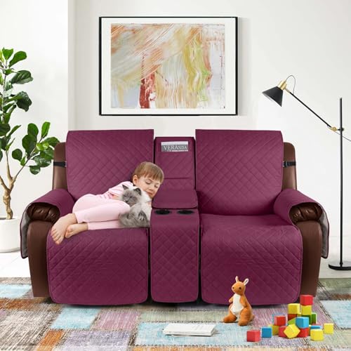 Image of KinCam 100% Waterproof Recliner Loveseat Cover with Console, Non-slip Reclining Couch Covers for 2 Seat, Recliner Sofa Cover Furniture Protector with Elastic Straps for Kids, Pets, Burgundy