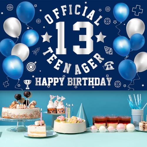 Image of Happy 13th Birthday Decorations Large Official Teenager Backdrop Banner for Boys Girls Navy Blue White 13 Year Old Birthday Party Photo Props Decor