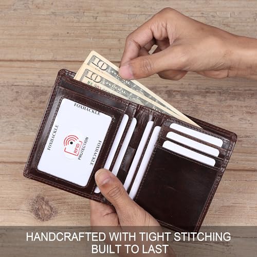 Image of FOXHACKLE Slim Bifold Leather Wallet for Men with Secret Hidden Pocket and Coin Pocket, RFID Blocking Men's Wallet with Separate Bill Section(Crunch Brown)