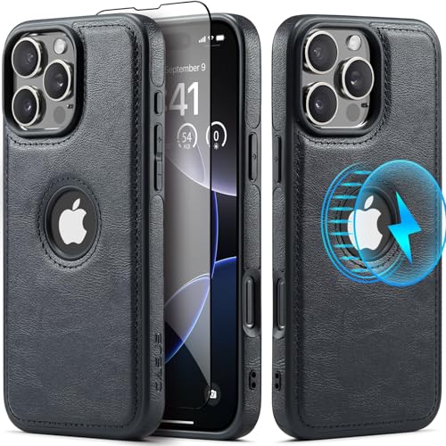Coque cuir iPhone 16 Pro compatible chargement sans fil et protection optimale noire