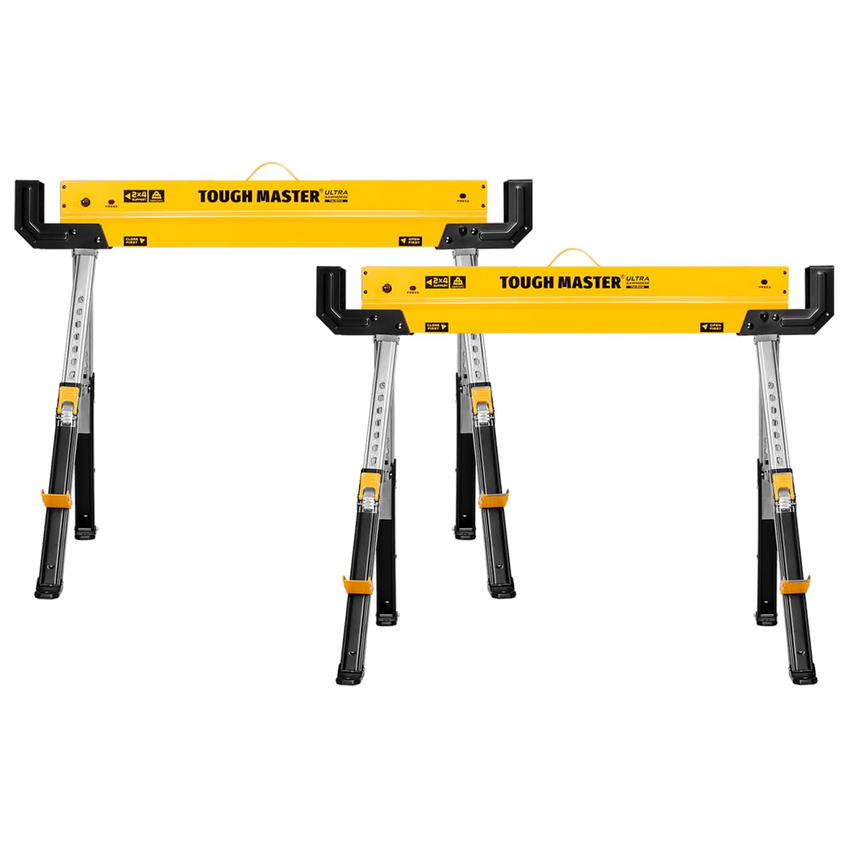 Tough Master Black & Yellow Saw Horse 9-Position Height Adjustable Heavy Duty Steel Workbench 62-82Cm Supports Up To 590 Kg Folding Saw Anti-Slip Top & Handle Sawhorse For Contractors, Carpenters, Diy (2)
