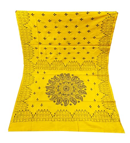 Image of SHRISTI CLOTHINGS Women's Hand Embroidered Cotton Silk Kantha Stitch Saree with Blouse Piece (SB4200924 YELLOWD94)