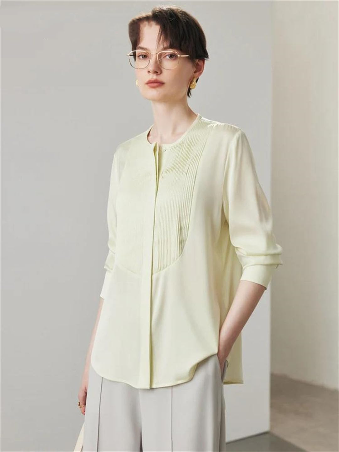 Camisas formales de negocios para mujer, plisadas, de manga larga, de seda satinada, para el trabajo