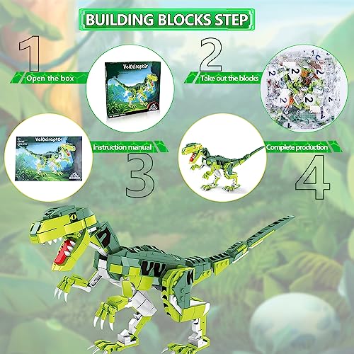 Image of SIENON Creator Velociraptor Dinosaur Construction Kit, Dinosaur Park World Dominion Raptor Model Building Toy with Movable Jaw, Neck and Joints, 41 cm Dinosaur Toy for Children (533 Pieces)
