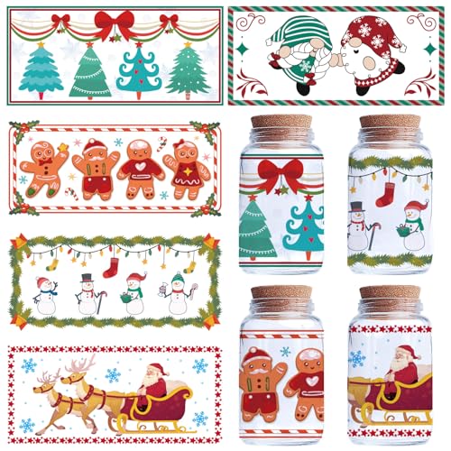 CREATCABIN 5 Sheets Christmas UV DTF Cup Wrap Sticker Xmas Tree Santa Gnome Rub on Transfers Decal Gingerbread Man PVC Waterproof Decals for Glass Cups Crafts 9.44x4.33 Inch
