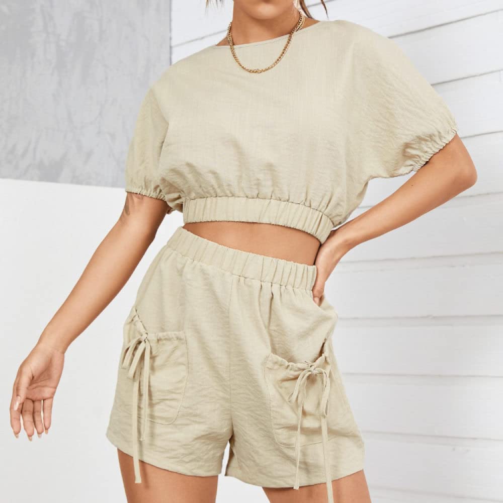 Magliette Donna, T-Shirt Da Donna Pantaloncini 2 Pezzi Completi Kaki Tinta Unita Girocollo Schienale Senza Schienale Cravatta Outfit Estate Manica Corta Con Tasca Pantaloni Elastico Vita Alta Mini P