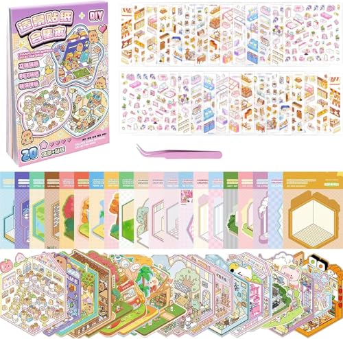 20 Sets Libro de Pegatinas 3D con Escenas, 3D House Sticker Books, Stickers Therapy, DIY Stress Relief Sticker Scenes with 26 PET Pegatinas, 20 Miniature Scene, 1 Pinzas, for Adulto Niño Adolescente