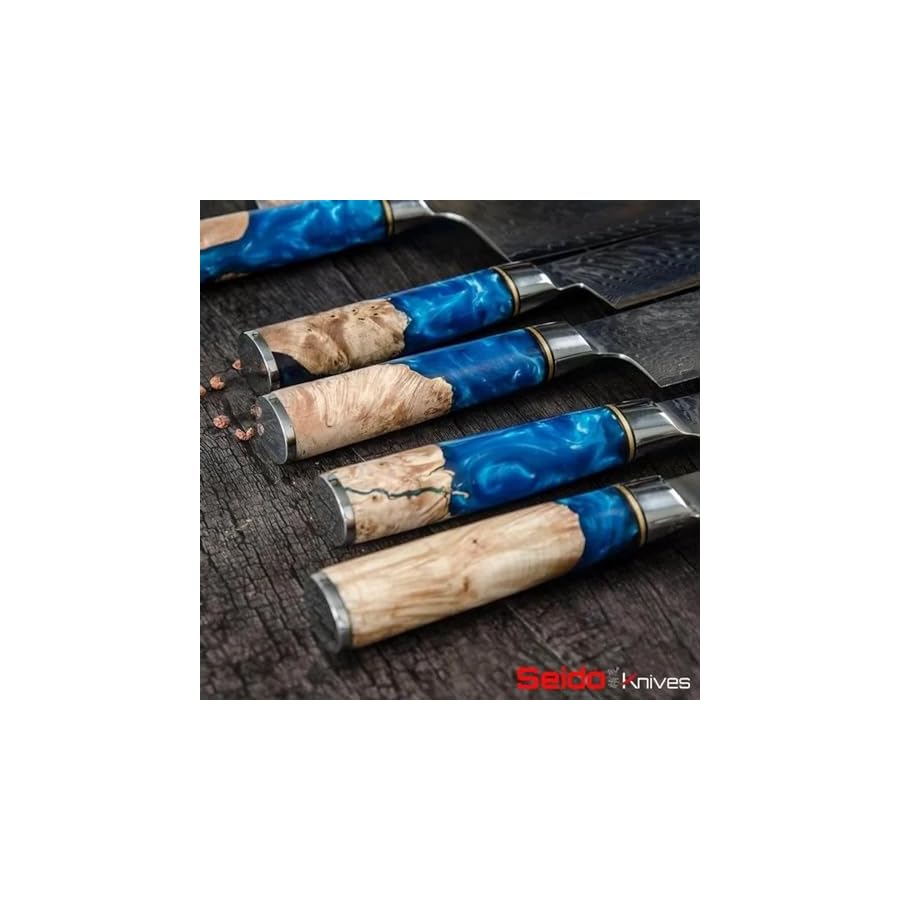 Seido-Knives-7-Piece-Executive-Damascus-Steel-Knife-Set-with-Japanese-VG-10-Super-Steel-Core-Home-Kitchen-Knife-Set-Professional-Design-Handle-Blue-Resin-Epoxy-and-Strong-Stabilized-Wood Seido Knives 7-Piece Executive Damascus Steel Knife Set with Japanese VG-10 Super Steel Core - Home Kitchen Knife Set - Professional Design Handle Blue Resin Epoxy and Strong Stabilized Wood