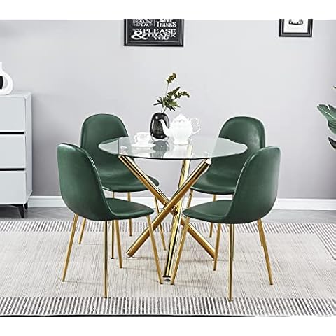paonne Round Dining Table With 4 Chairs Set, Modern Glass Dining Table Chairs Set, Home Kitchen Furniture Set With 90 cm Round Glass Table and PU Chairs Cover