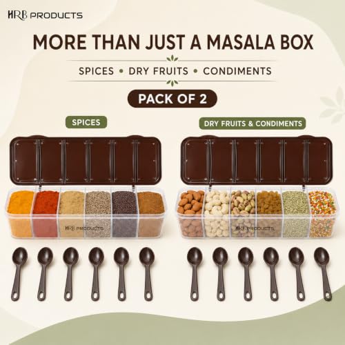 Image of Multipurpose 6-in-1 Masala Box for Kitchen, Airtight BPA-Free Plastic 6 Section Storage Container with 6 Spoons, 1800 ml Transparent Pickle Box for Spices, Dry Fruits,Snack (2)