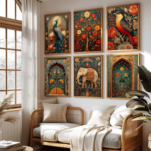 Image of kotart Madhubani Art Wall Painting Traditional Vastu Peacock Home Decoration With Frame For Living Room Bed Room Hotel Wall Decor Digital Reprint Set of 6 (13X17 inch)