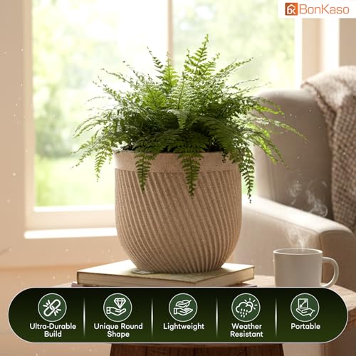 Image of Bonkaso 12 Inch Seltos Ribbed Planter for Indoor & Outdoor Use | Round Heavy Duty Polymer Flower Pot | Lightweight Weather Resistant Modern Gamla for Living Room Balcony & Terrace (Beige)