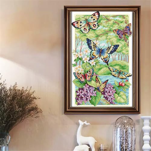 Image of JOYSEWING Butterfly Stamped Cross Stitch kit for Adult 11CT Printed Counted Cross-Stitch Embroidery kit for Beginners DIY Craft Kits Home Decor (Butterflies Fly in the Forest(11CT) 15.75 x23.62 inch)