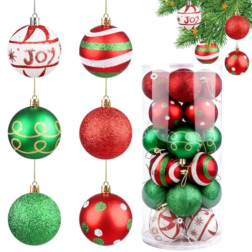 24 Large Christmas Balls Baubles with Hook Plastic Shatterproof Ornaments and Decoration for Christmas Tree Bolas Arvore de Natal Enfeites Bambalinas Grandes Bambalinas Navidad(Rojo Verde Blanco)