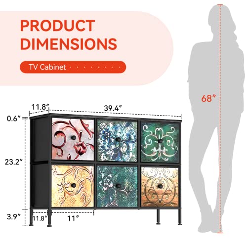 Yilqqper Dresser For Bedroom With 6 Drawers, Wide Dresser For Closet, Living Room, Tv Stands, Kids, Nursery, Chest Of Drawers With Sturdy Steel Frame, Fabric Bins, Wood Top (Floral Painted) #TOP2