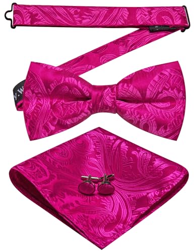 Image of Barry.Wang Paisley Striped Bow Tie for Men Silk Pre-Tied Bowtie Pocket Square Cufflinks Set Formal Wedding Party Prom