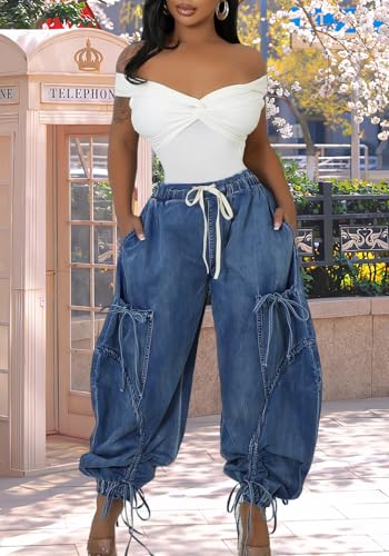 Womens Casual Drawstring Baggy Jeans Elastic Waist Tie-Bow Straight Leg Multi Pockets Cargo Denim Pants2