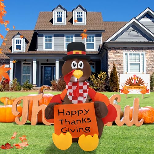 InfleasJoiy 4 FT Pull Banner Turkey Thanksgiving Inflatable Decoration with LED Lights for Holiday Celebration Decorations on Yard Lawn and Patio