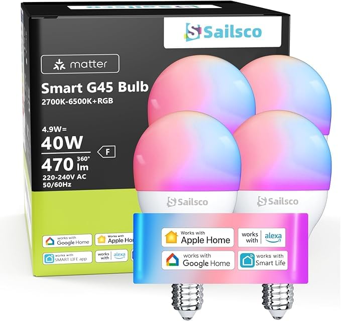 sailsco Matter Alexa Glühbirne Smart Lampe E14,WiFi LED Lampe Kompatibel mit Alexa/Google Home,Kontrolle durch Smart Life APP,Dimmbar Warmweiß-Kaltweiß und Mehrfarbige Birne,G45 4.9W 470LM,4 Stück