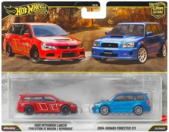 Hot Wheels Premium 2 Pack 2005 Mitsubishi Lancer Evolution IX Wagon / 2004 Subaru Forester STI Ride On Toy Mini Car Ages 3+ Red/Blue JHW46