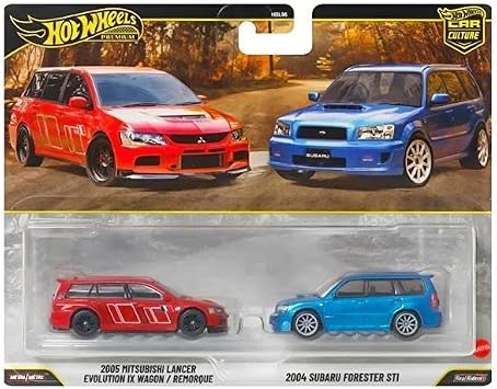 Hot Wheels Premium 2 Pack 2005 Mitsubishi Lancer Evolution IX Wagon / 2004 Subaru Forester STI Ride On Toy Mini Car Ages 3+ Red/Blue JHW46