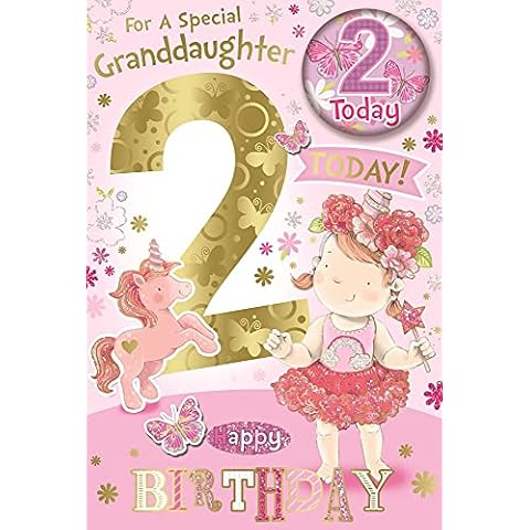 Granddaughter 2nd Birthday Card & Badge - 2 Today Princess & Unicorn 9" x 6" Cover