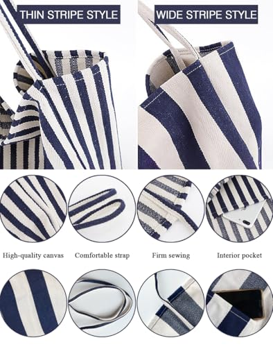 Image of Striped Canvas Tote Handbag for Women Vertical Stripe Large Capacity Shoulder Bag for Shopping Travel