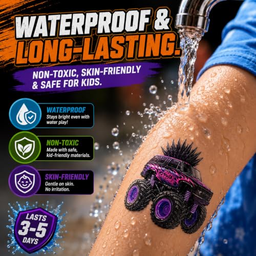 Image of Monster Truck Temporary Tattoos for Kids - 96 Pcs Pre-Cut 3D Cute | Art Style Tattoos, 8 Sheets Dinosaur & Shark Truck Stickers for Boys Birthday Party Favors, Goodie Bag Stuffers, Rewards