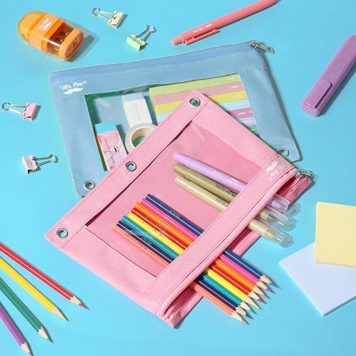 Image of Mr. Pen- Pencil Pouch for 3 Ring Binder, 2 Pack, 10 inchx6.75 inch, Smooth Zipper | Clear Window, Large Capacity Pencil Case with 3 Reinforced Grommets for School, Office, Supplies Storage | Clear Window, Large Capacity Pencil Case with 3 Reinforced Grommets for School, Office, Supplies Storage