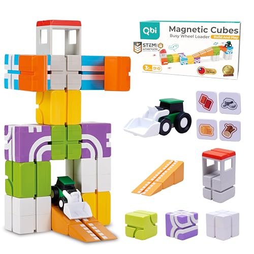 Image of QBI Magnetic Blocks Ages 3+, Wheel Loader & Magnetic Construction Toy Set | 3D Magnetic Track Cubes, Safe ABS Material, 3 Level Shovel, Pretend Play Job Site, Montessori STEM Learning, Birthday Gift