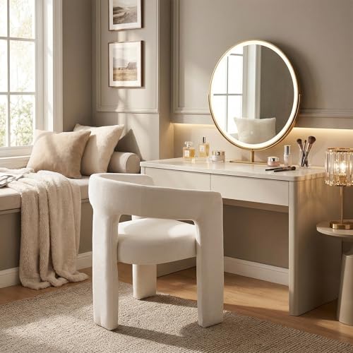 Image of HNY Modern Barrel Kitchen & Dining Room Chair, Chenille Upholstered Accent Chair with Arm, 18.5'' Wide Side Armchairs Vanity Chairs for Living Room Bedroom Makeup Small Spaces, White