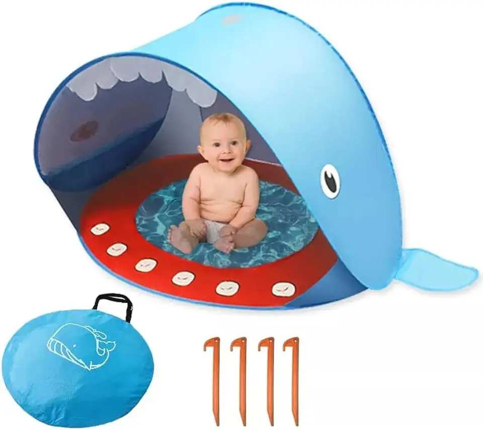 Tenda de praia infantil com proteção solar, adequada para piscinas, dobrável (azul)