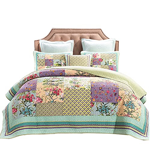 Abreeze Luxury Quilt Set Frosted Pastel Gardenia Bohemian Cotton Patchwork Quilted Coverlet Bedspread Set Vibrant Floral Paisley Colorful Blue Lavender Green Print Queen Size 3Pcs (Queen, Lavender) #TOP4