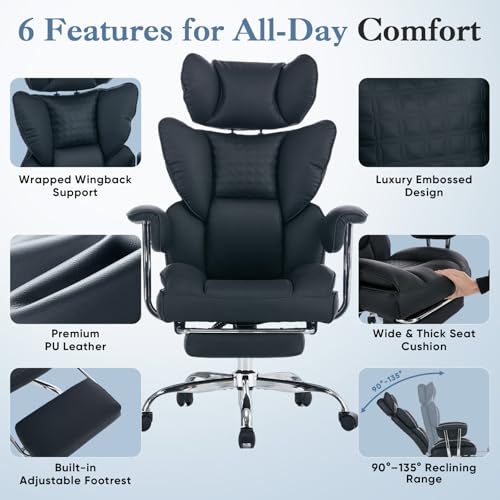 Image of DUMOS Big and Tall Office Chair 400 LBS, Scratch-Resistant PU Leather Executive Office Desk Chair with Footrest, Ergonomic Reclining Computer Chairs with Pocket Spring Support, Black