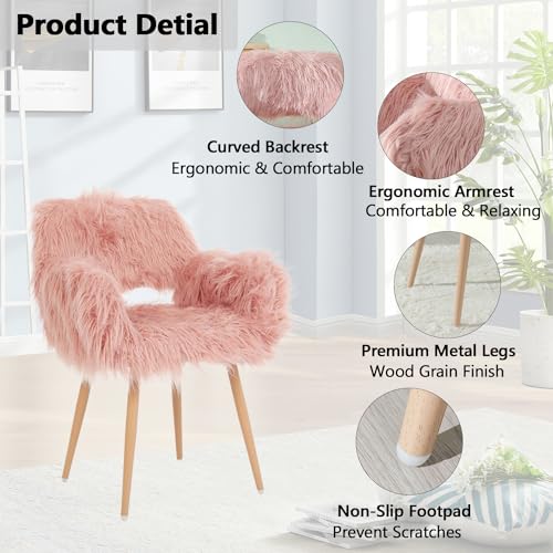 HomVent Pink Faux Fur Desk Chair, Comfy Cute Desk Chair, Furry Makeup Vanity Chair with Hollow Back & Wood Grain Metal Leg, Modern Ergonomic Office Desk Chair for Girls Women Bedroom Study Vanity Room