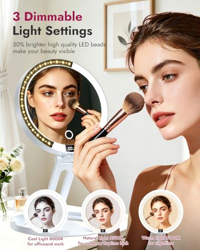 Ziumrw Travel Makeup Mirror Lighted with 20X/1X Magnification, 2000mAh Rechargeable Double Sided LED Vanity Mirror with Smart Power Display, 3 Color Dimming Portable Folding Compact Mirror for Trips — view 2
