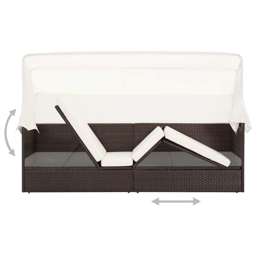 Lettino da giardino resistente alle intemperie con cuscino imbottito, letto da giardino con baldacchino in polyrattan e rattan PE con schienale regolabile, mobili lounge con baldacchino