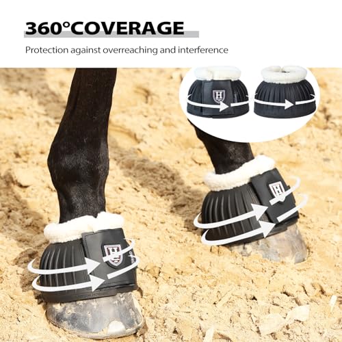 Image of Harrison Howard Rubber Pull-on Bell Boots with Fleece Lining and Extra-Large Leather Touch-Close Tape Hoof Overreach Protection for Horses Sold in Pairs Black L
