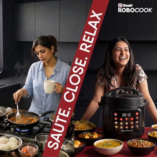 Image of Geek Robocook Nexa V6 Automatic Electric Pressure Cooker | 12 Indian Menus | SenseTouch Display | Rice, Biryani, Dal, & More | SafeClamp 360 10-Layer Safety | Stainless Steel Pot (6 Litre | Black)